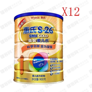 惠氏S-26金装爱儿乐婴儿配方奶粉1段900克罐装(0-12)12罐装